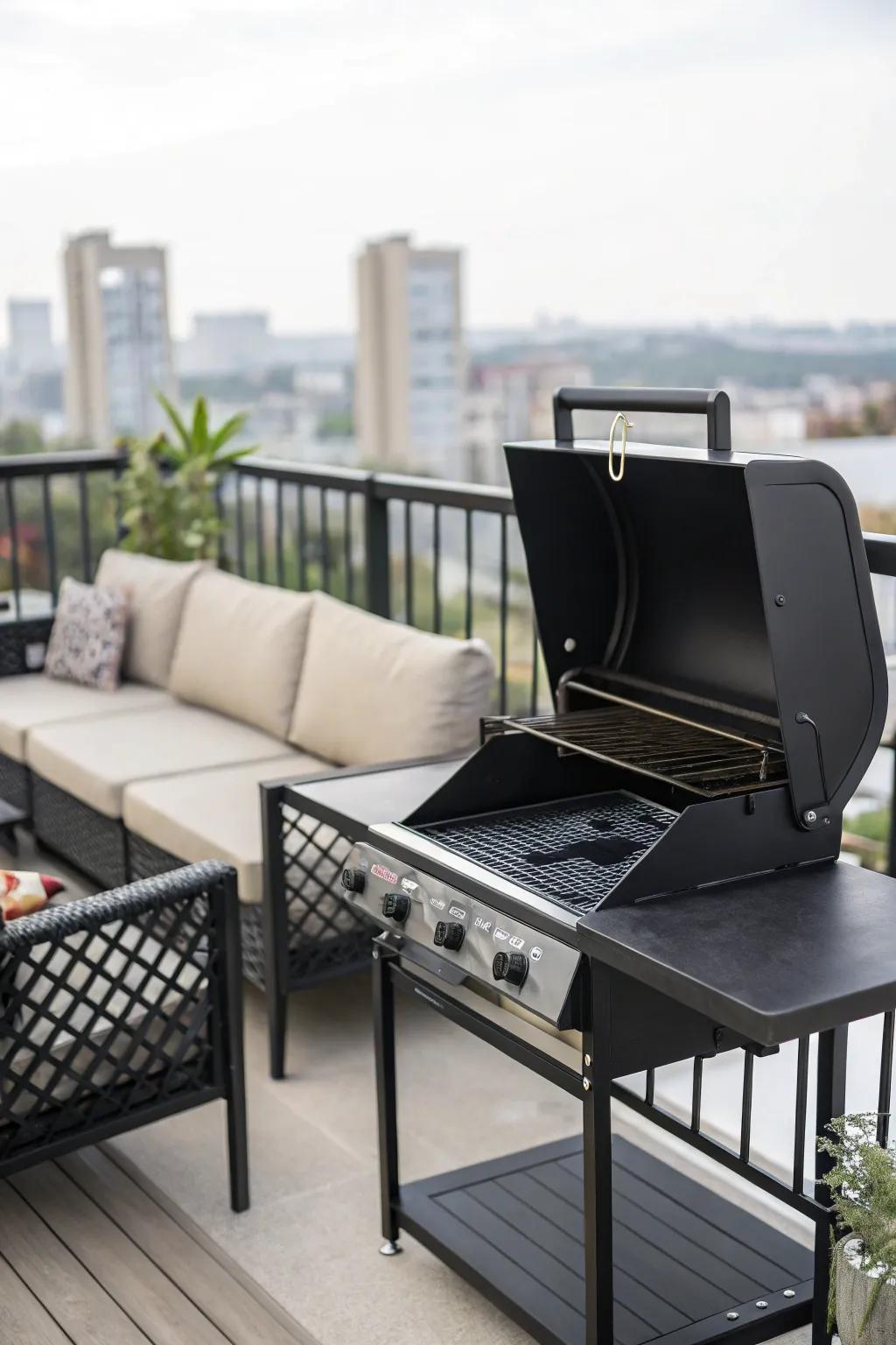 Black powder-coated balcony grill, accentuating modern minimalism.
