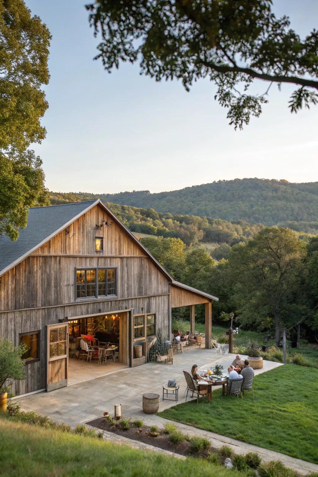 Open-concept outdoor spaces enhance the connection between the barn house and nature.