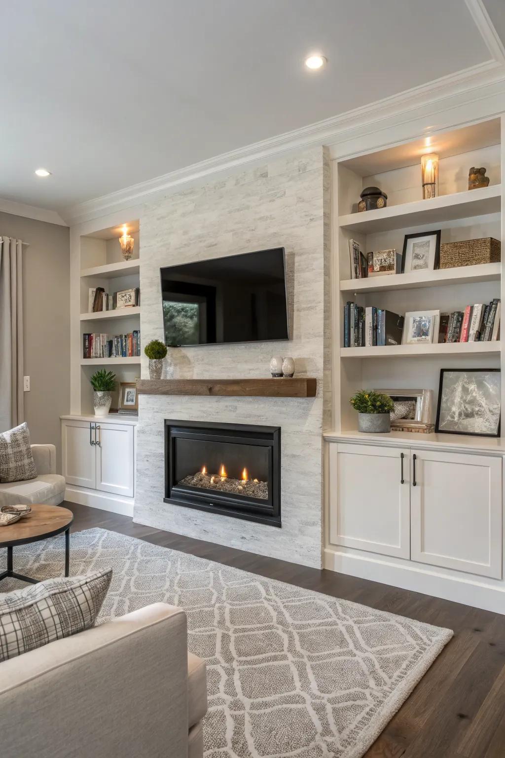 Built-in fireplace with shelving for a sleek and organized space.