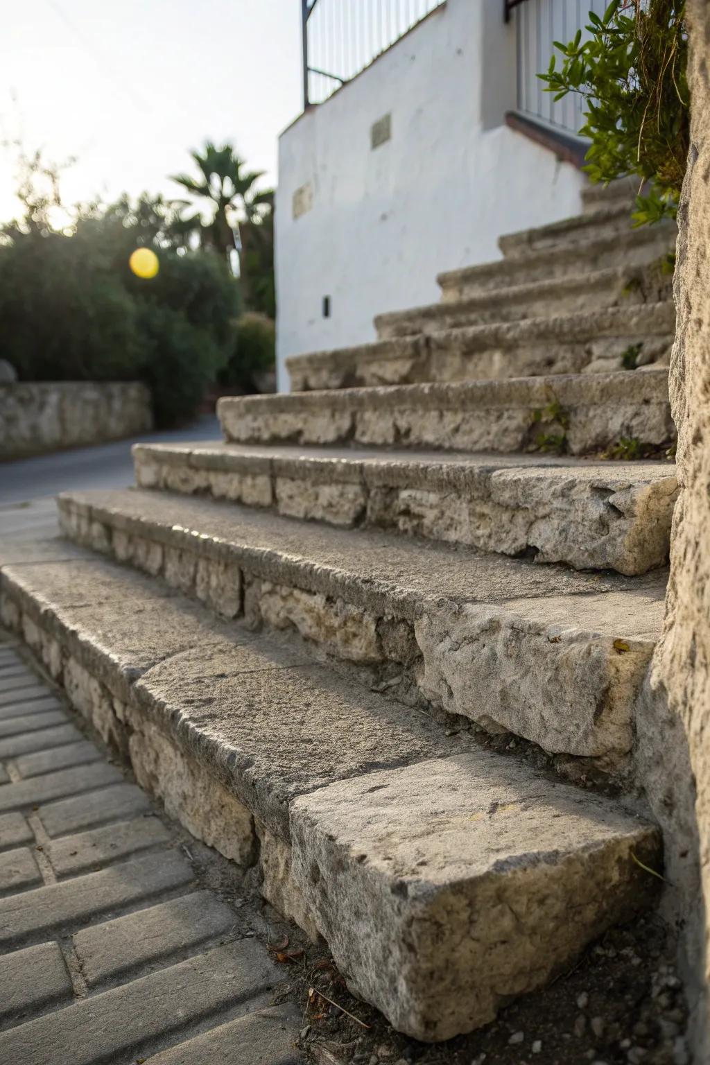 Concrete steps that beautifully mimic the look of natural stone.