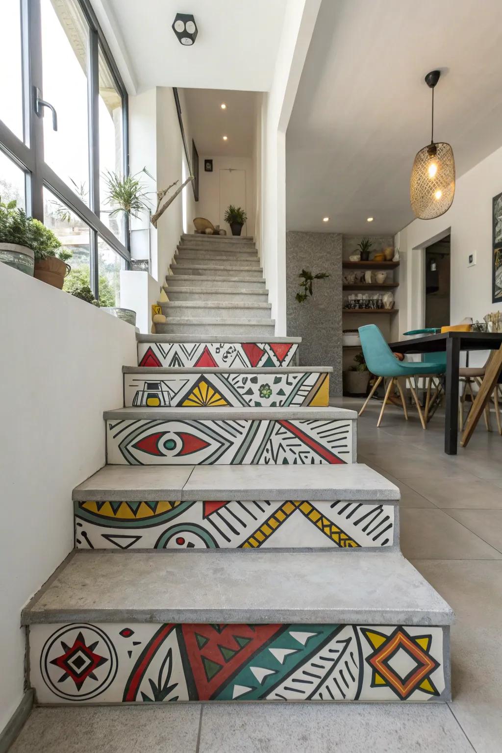 Artistic and creative patterns on concrete steps.