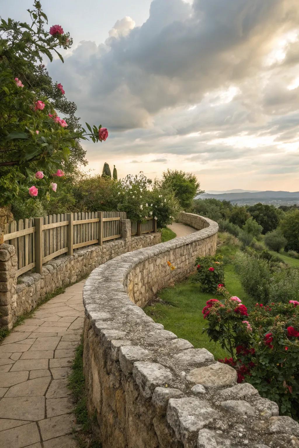 A curved stone fence with a textured surface, offering a unique and charming touch to a garden.