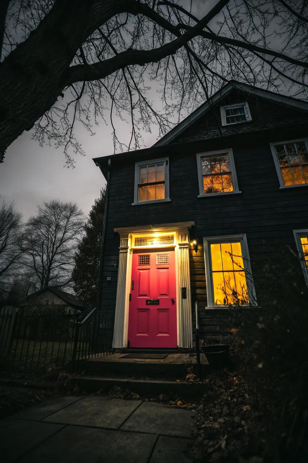 A striking front door standing out against a dark home exterior.