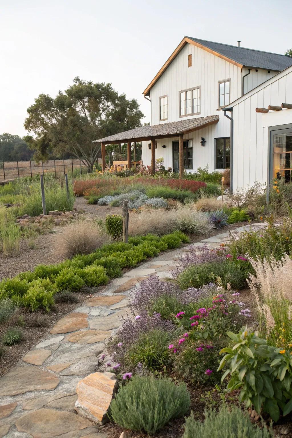 Drought-tolerant plants keep gardens lush with less water.