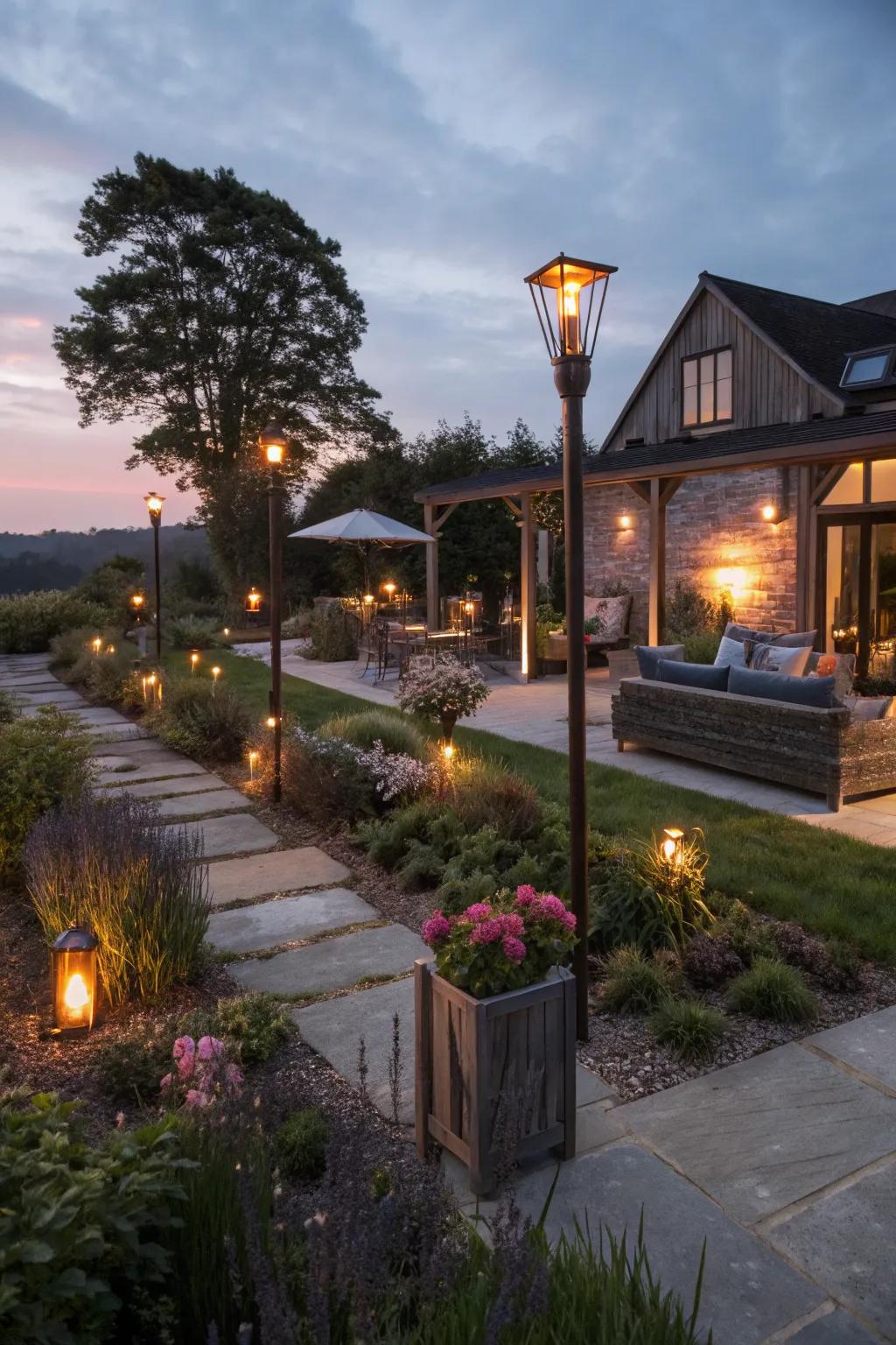 Torch lights offer historical charm in this captivating garden setting.