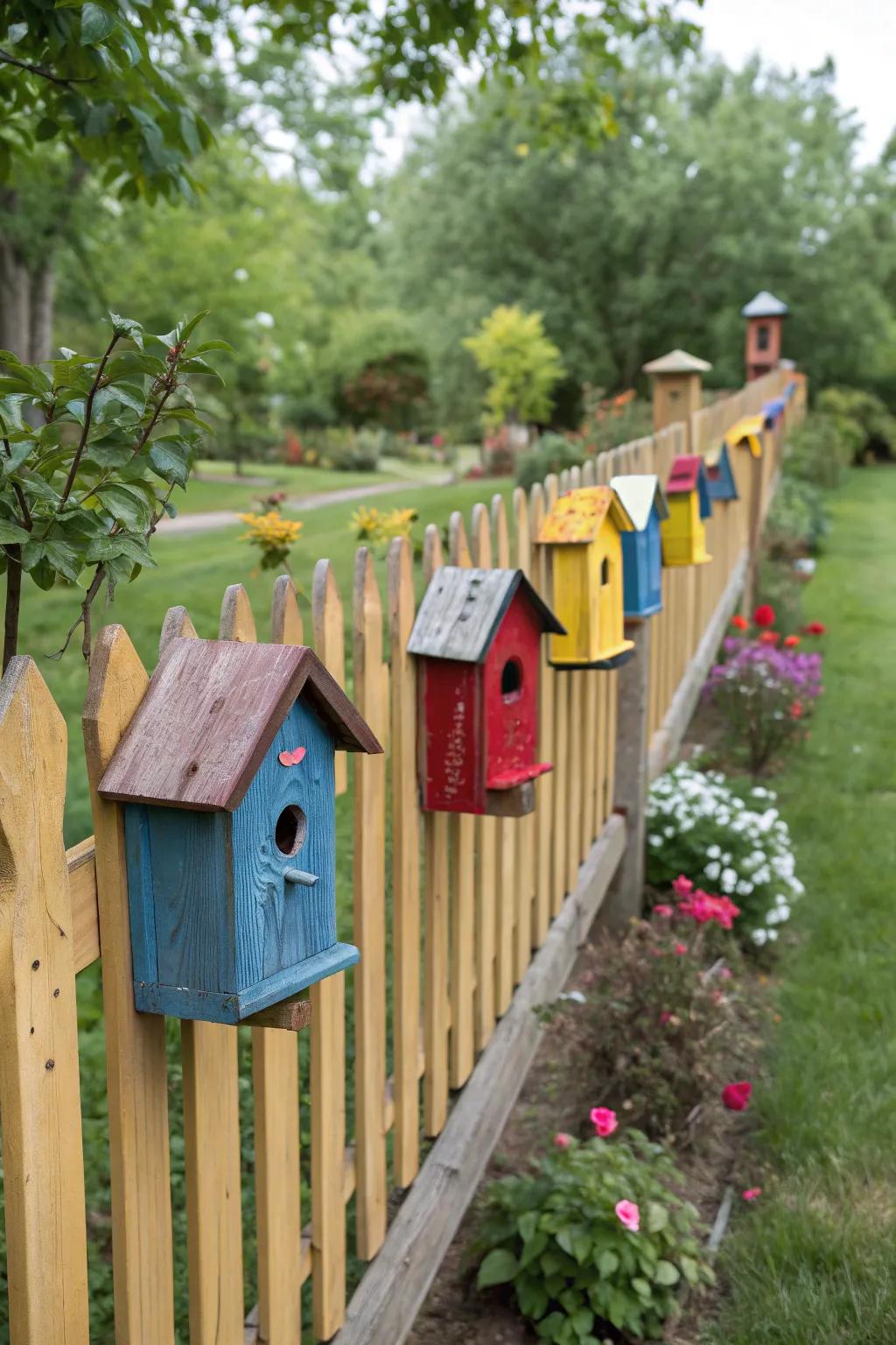 Invite charm with whimsical birdhouses on your fence.
