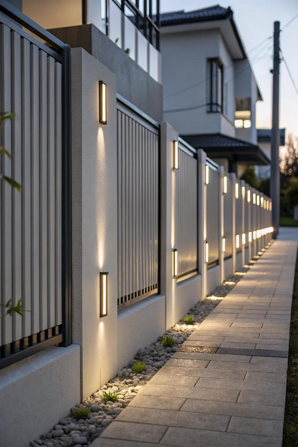 Slot lighting adds a subtle glow to this minimalist fence.
