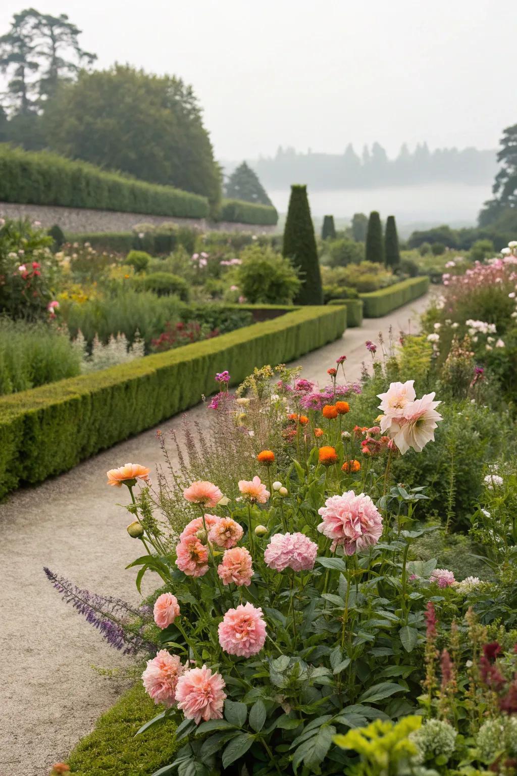Subtle colors with vibrant floral accents in a garden