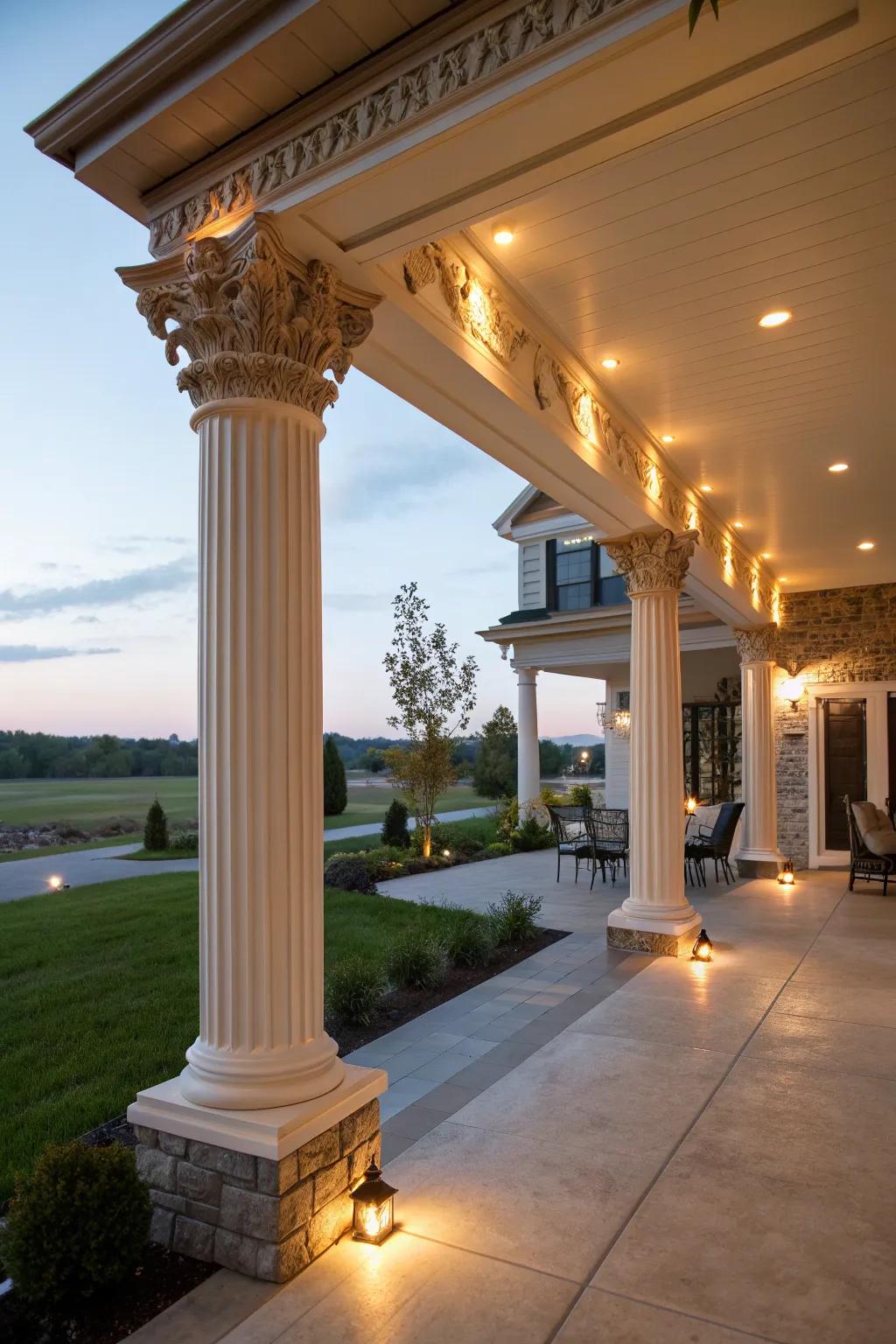 Decorative capitals add character to these modern columns.