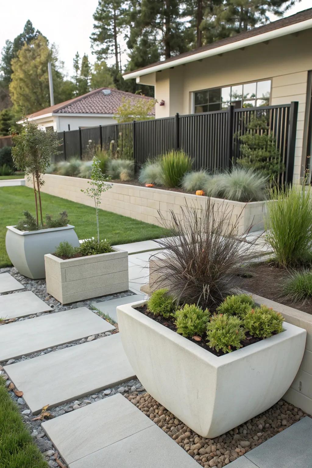 Large planters provide flexibility and style in drought-tolerant designs.