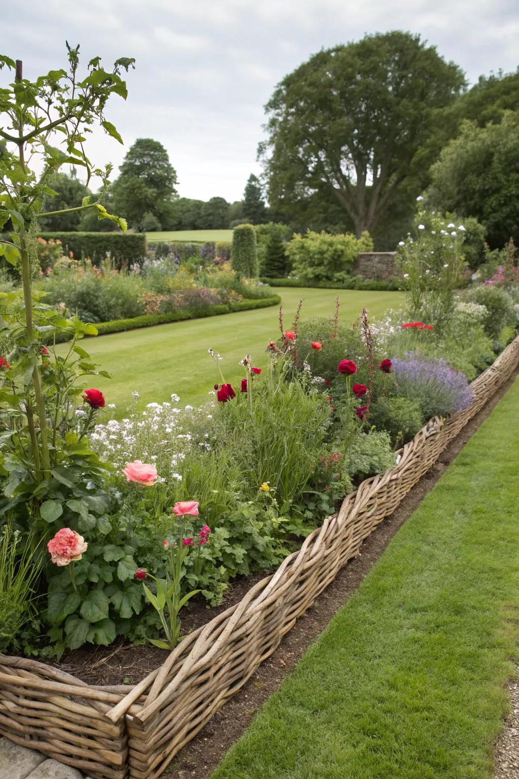 Woven willow edging adds quaint, natural charm to gardens.