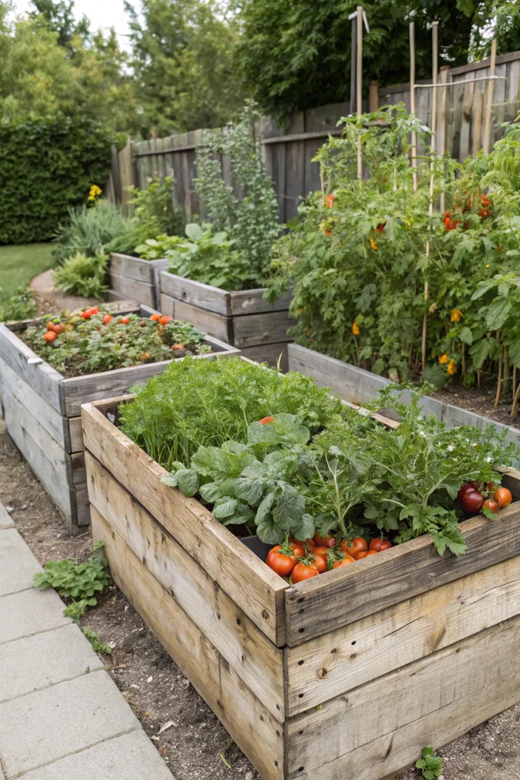 Reclaimed wood raised beds filled with thriving vegetables.