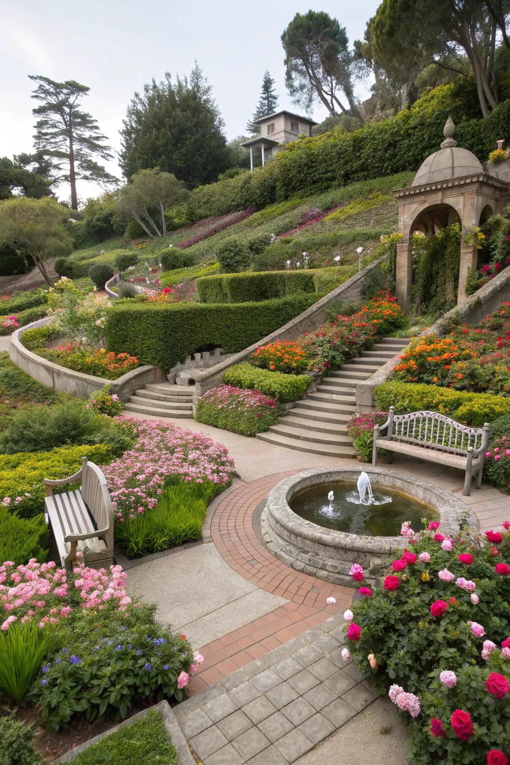 A garden featuring creative pathways and steps leading through the space.