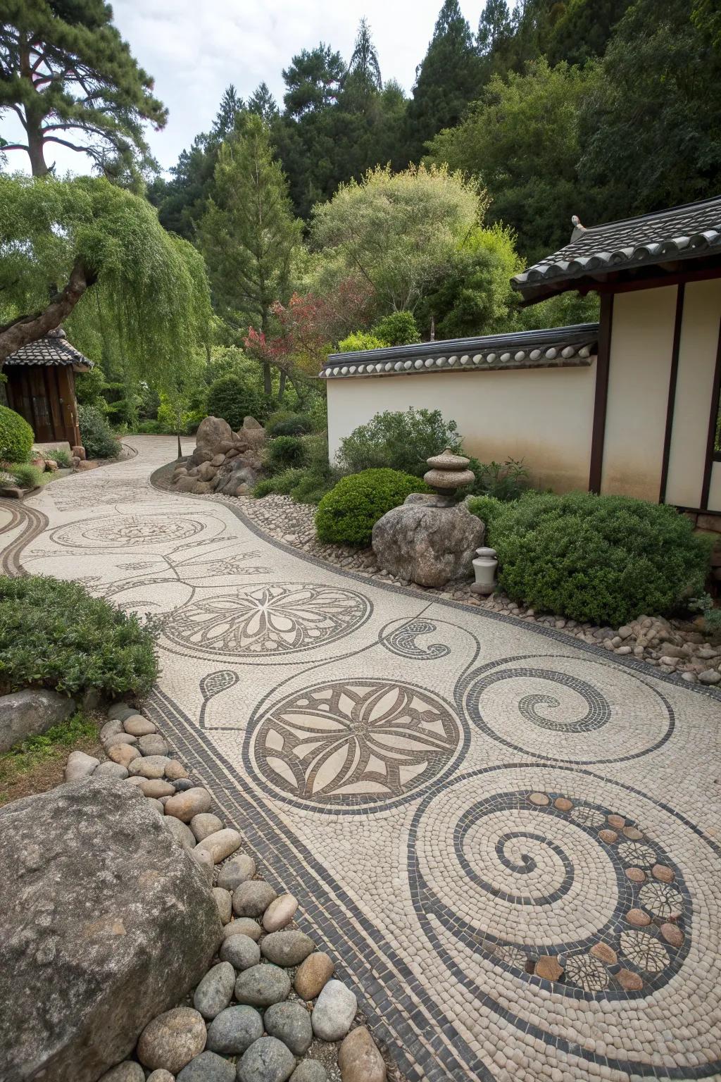 Intricate mosaic patterns in a gravel garden.