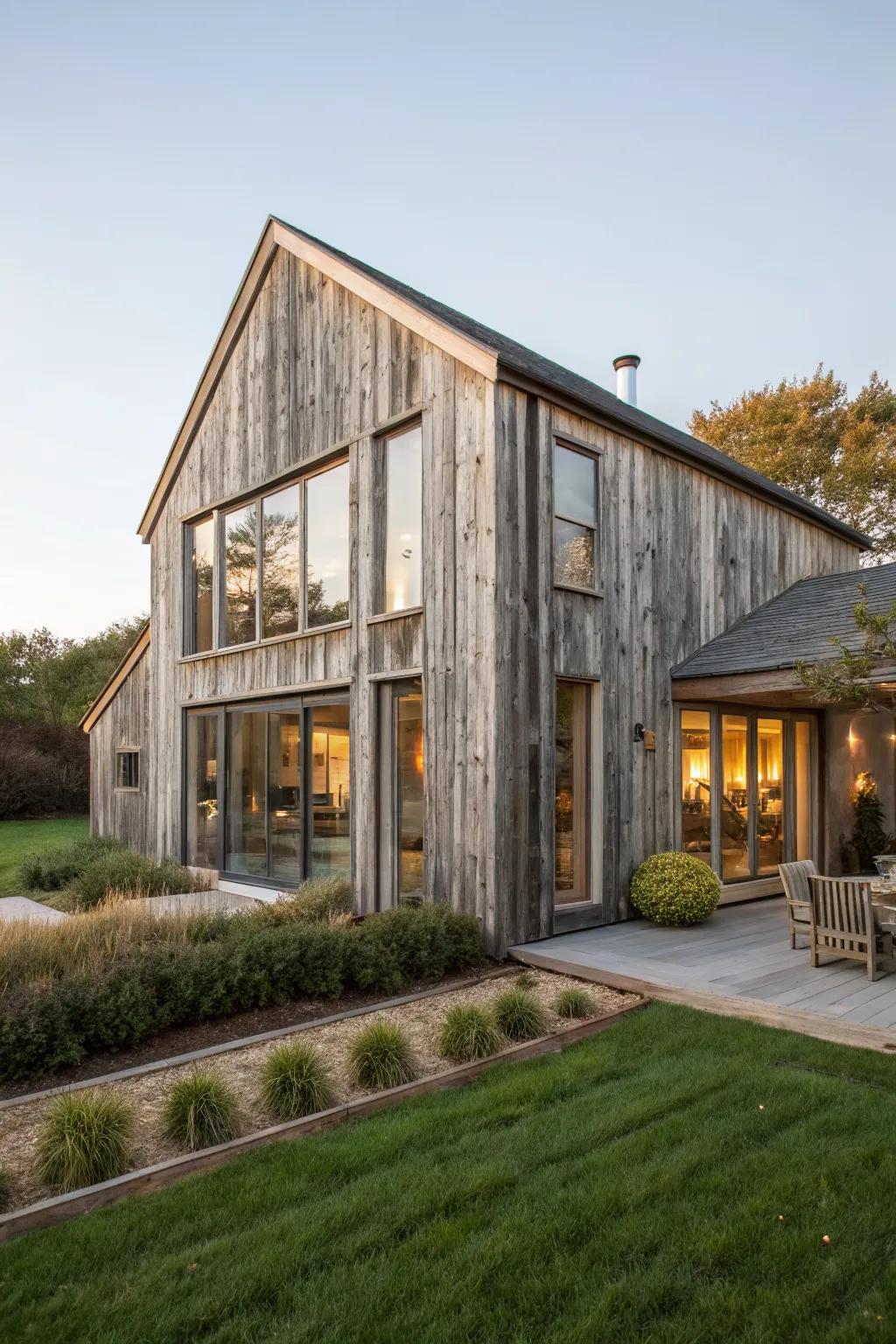 Weathered wood adds rustic charm to modern exteriors.