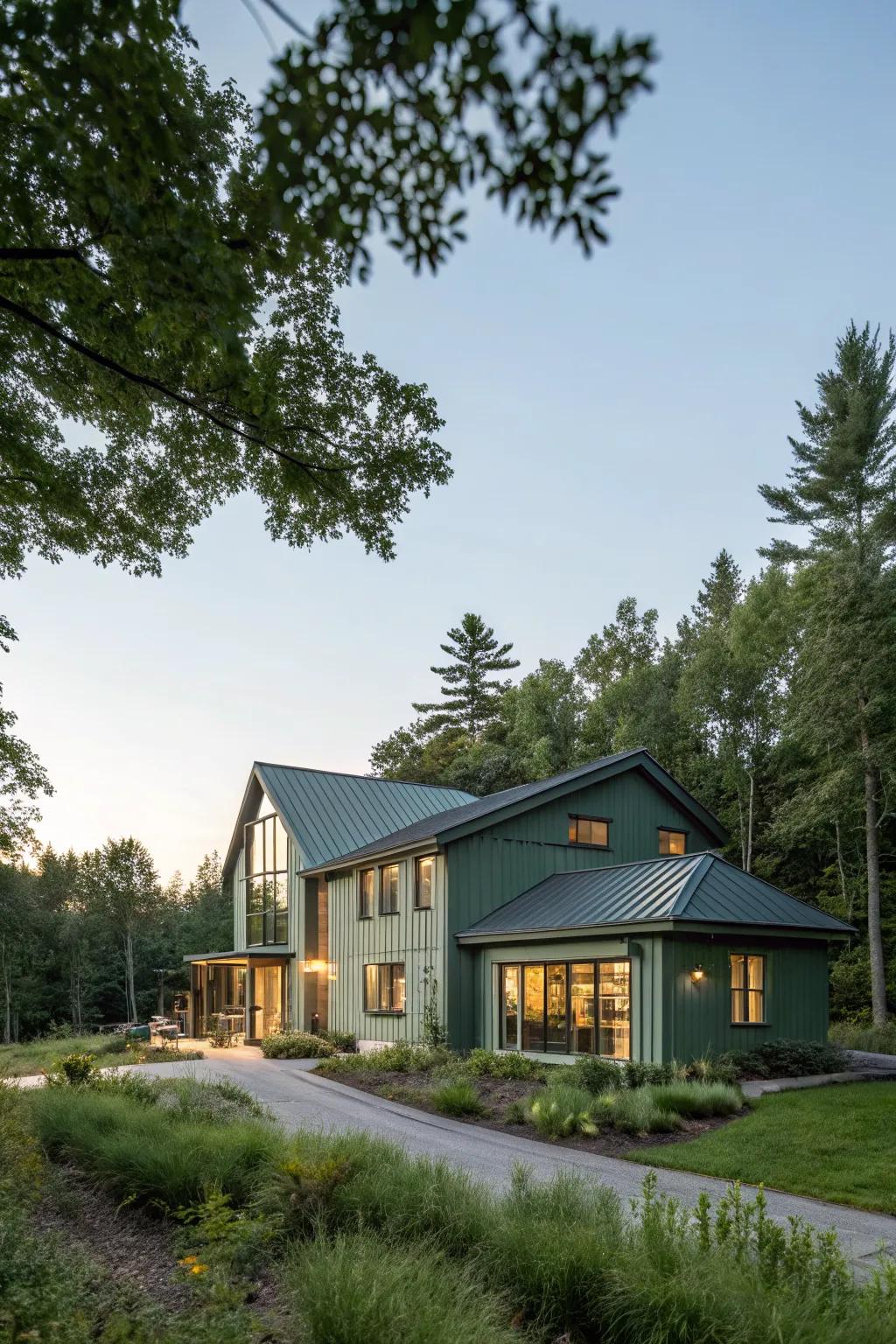 A modern house painted in pewter green, blending with its natural surroundings.