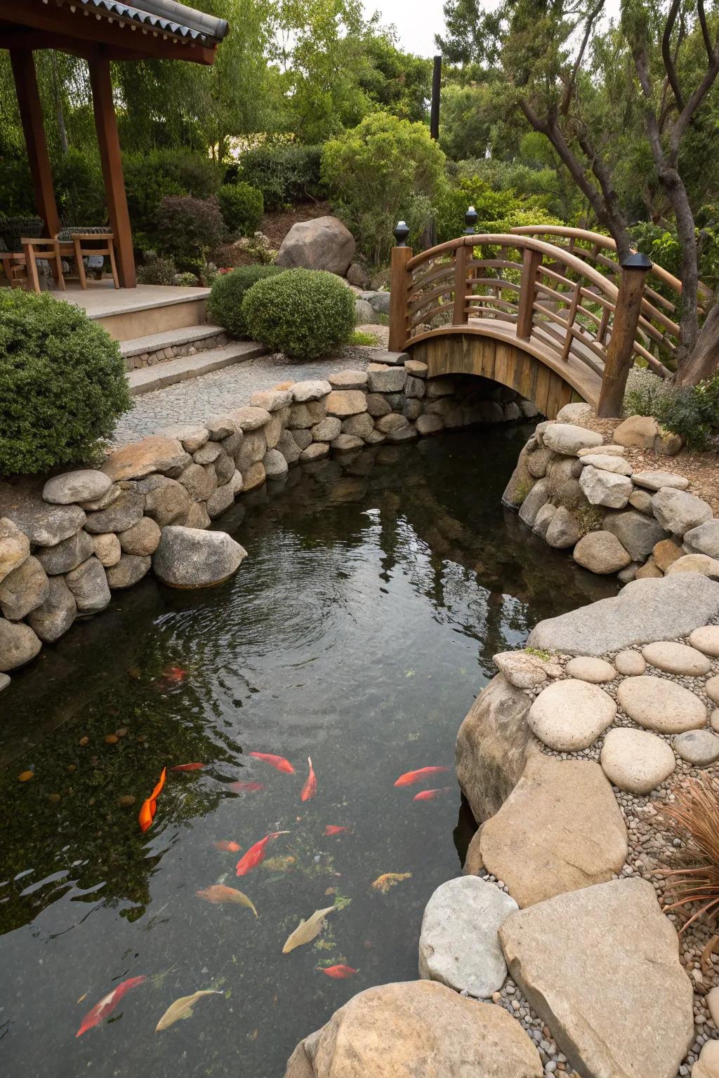 Blend modern aesthetics with nature using stones around your koi pond.