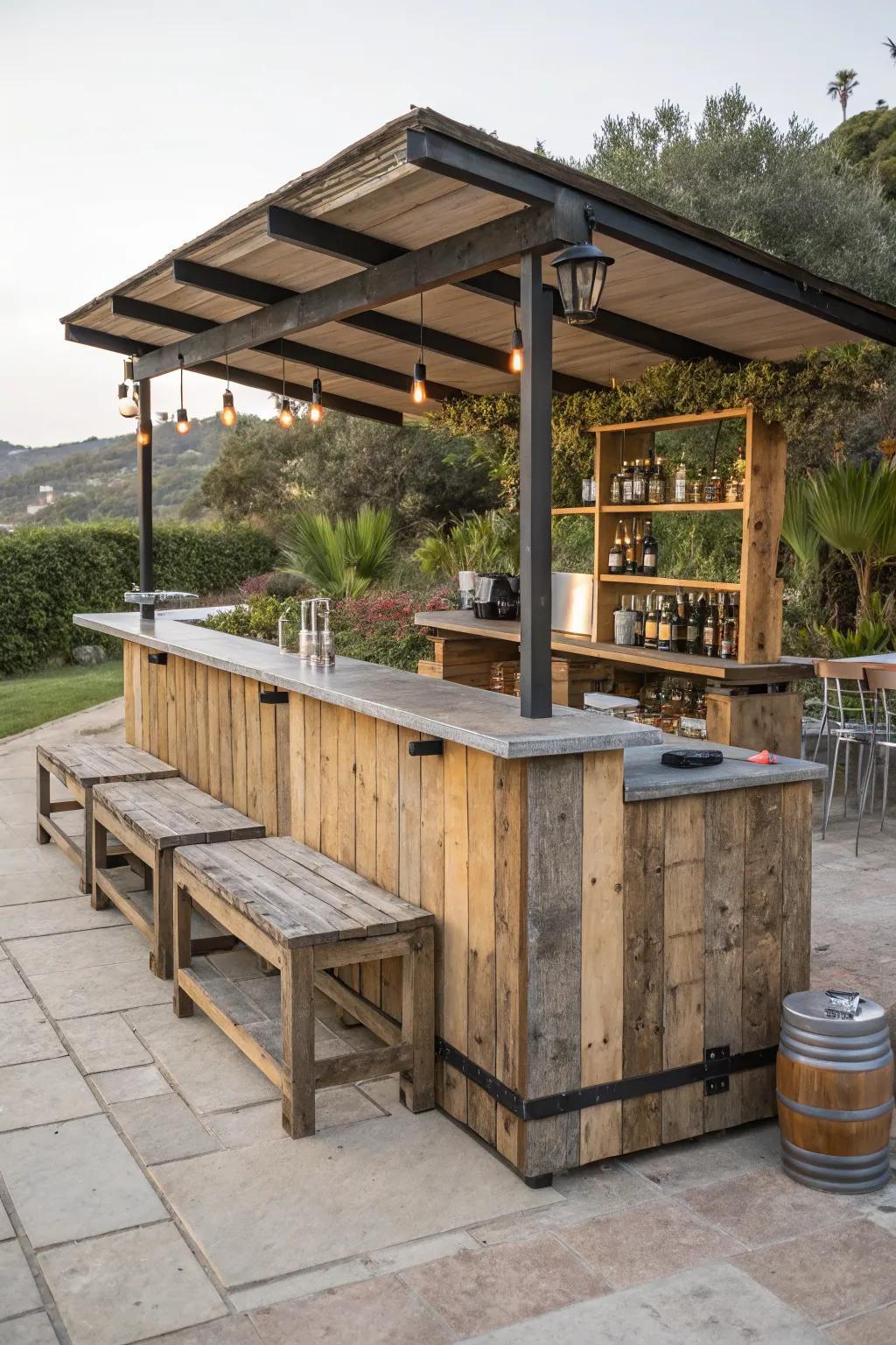 Rustic and modern elements blend beautifully in this bar design.