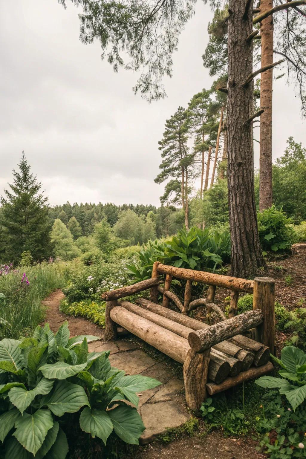 A rustic log bench adding earthy charm to the woodland garden.