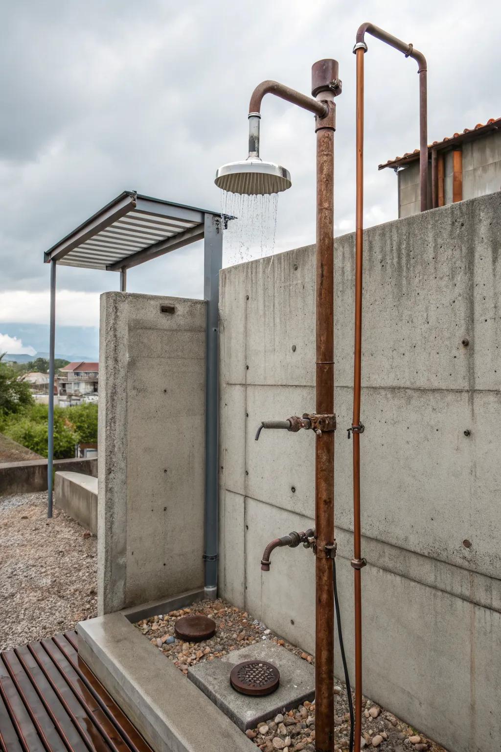 An industrial-style outdoor shower with concrete and metal.