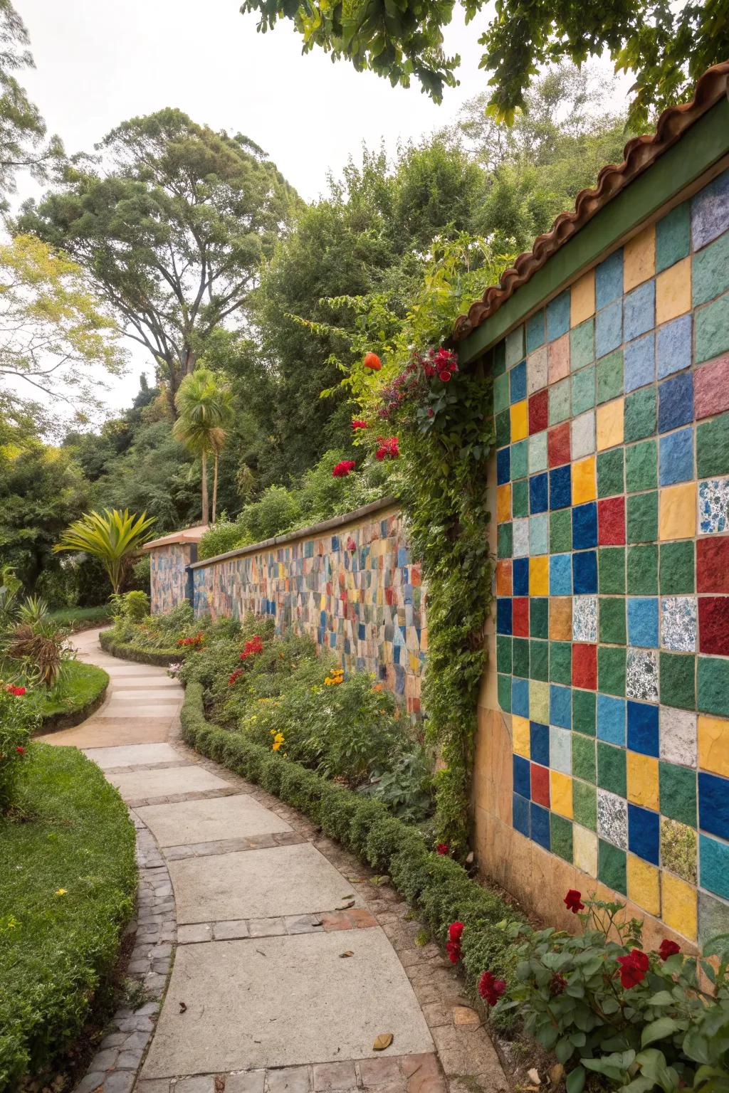 Mosaic tiles add a splash of color and artistry to outdoor walls.
