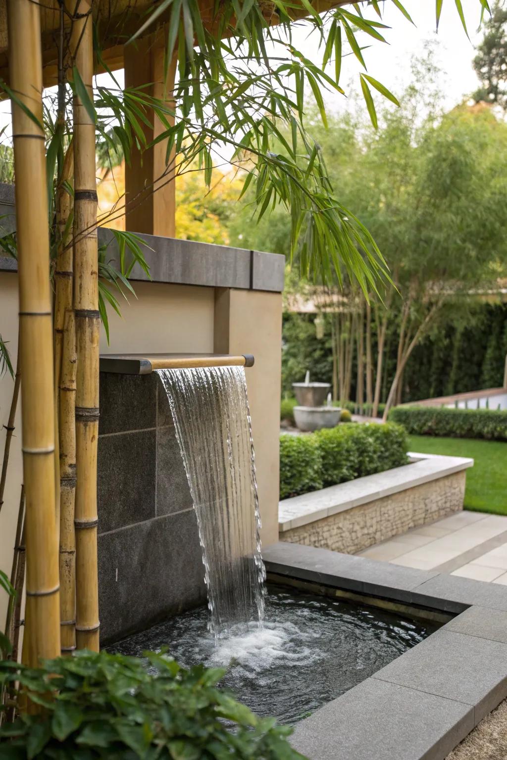 Zen-inspired water wall with bamboo, offering a calming retreat.