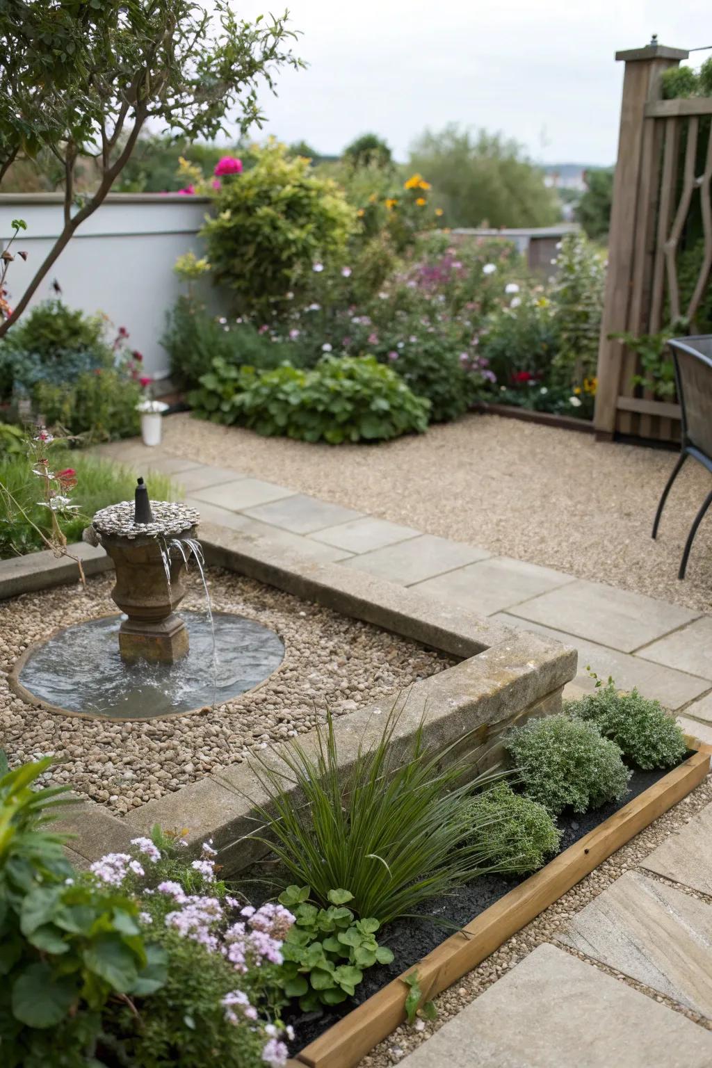 A water feature adds tranquility to a pea gravel patio.