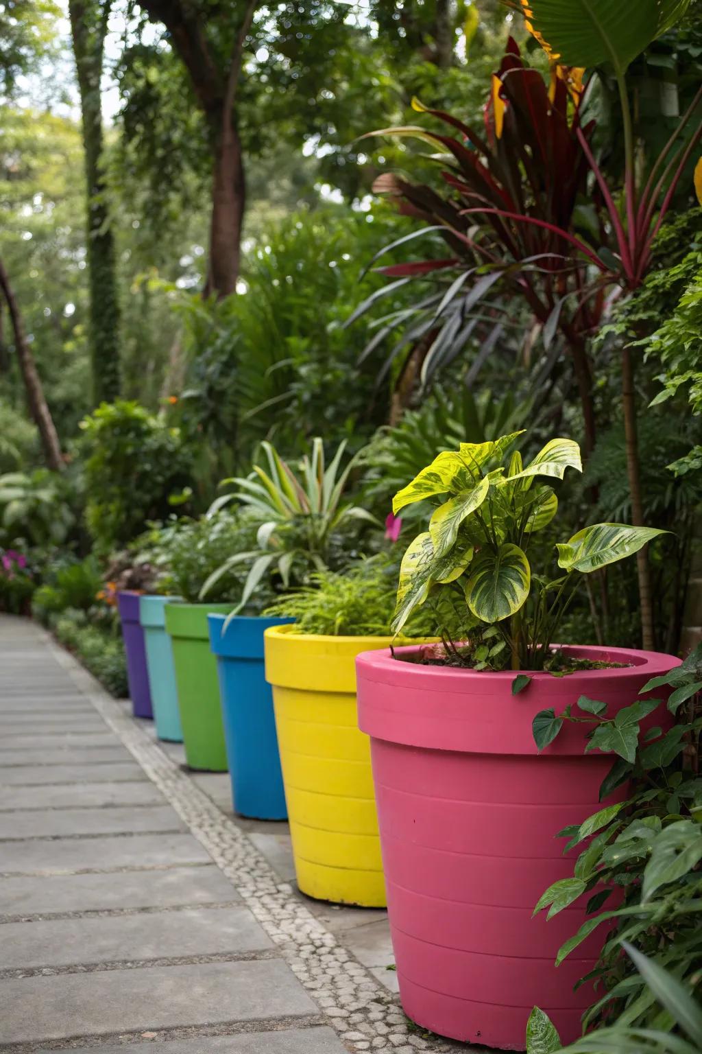 Bold colors in planters create a striking garden contrast.