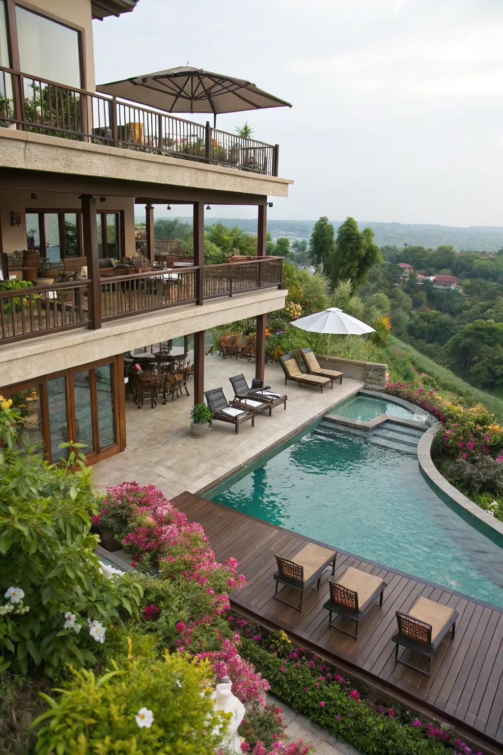 Create a dynamic space with a multi-level pool deck design.