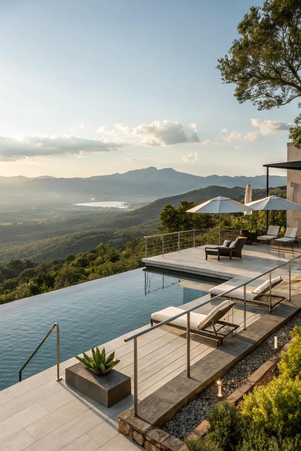 A pool patio with scenic views that enhance the experience.