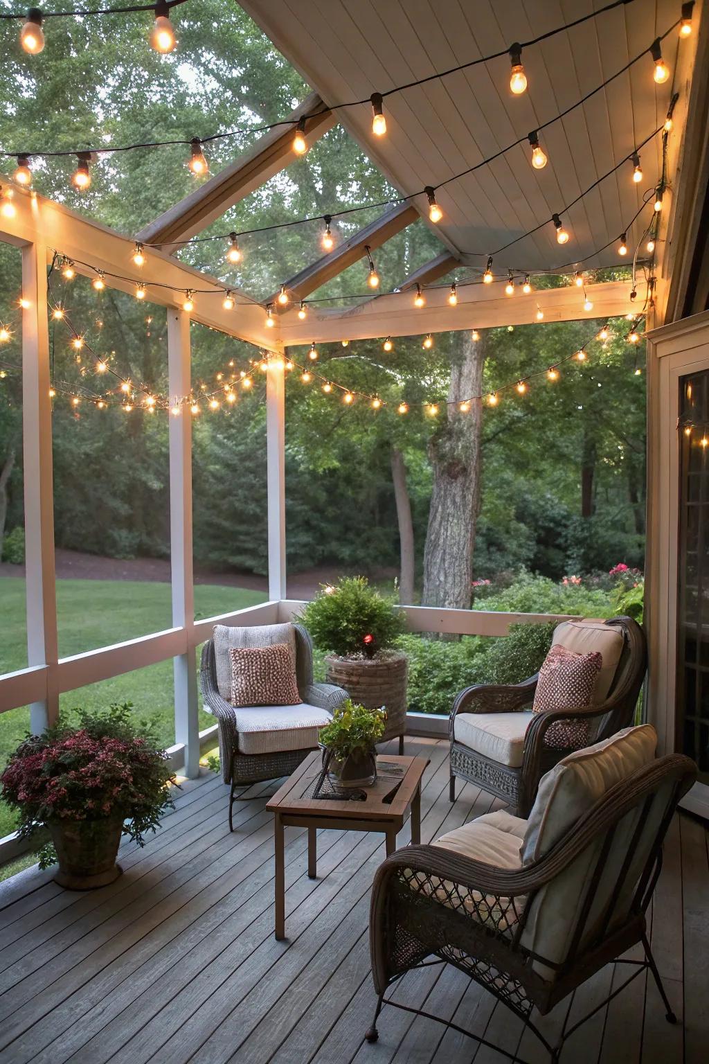 Whimsical lighting with string lights enhances evening charm.