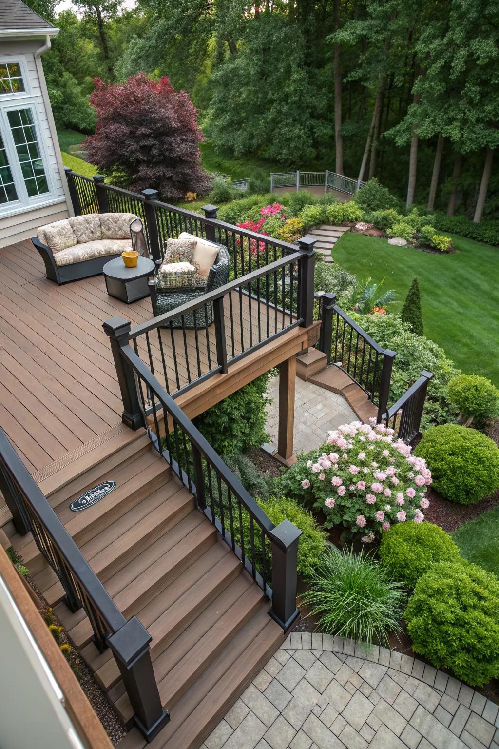 Stylish stairs that connect the deck to the garden.