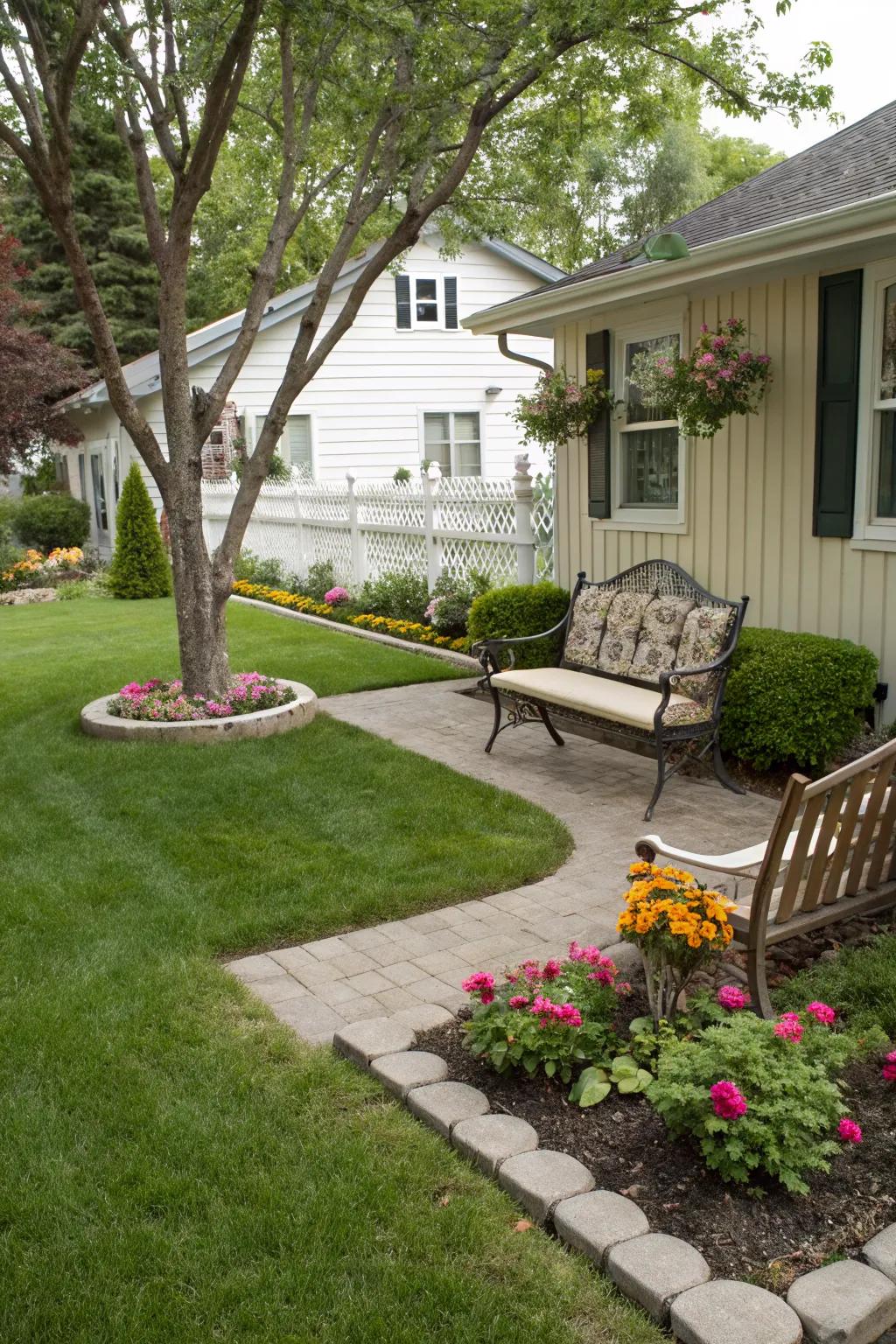 Functional seating areas add utility and charm to your front yard.