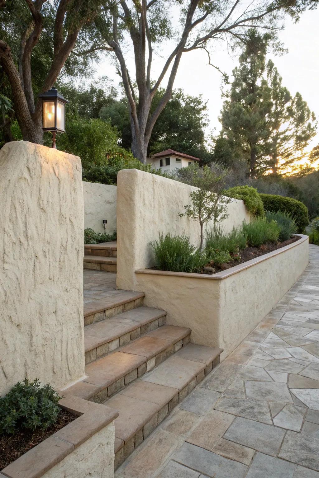 Stucco walls with pathways create seamless garden transitions.