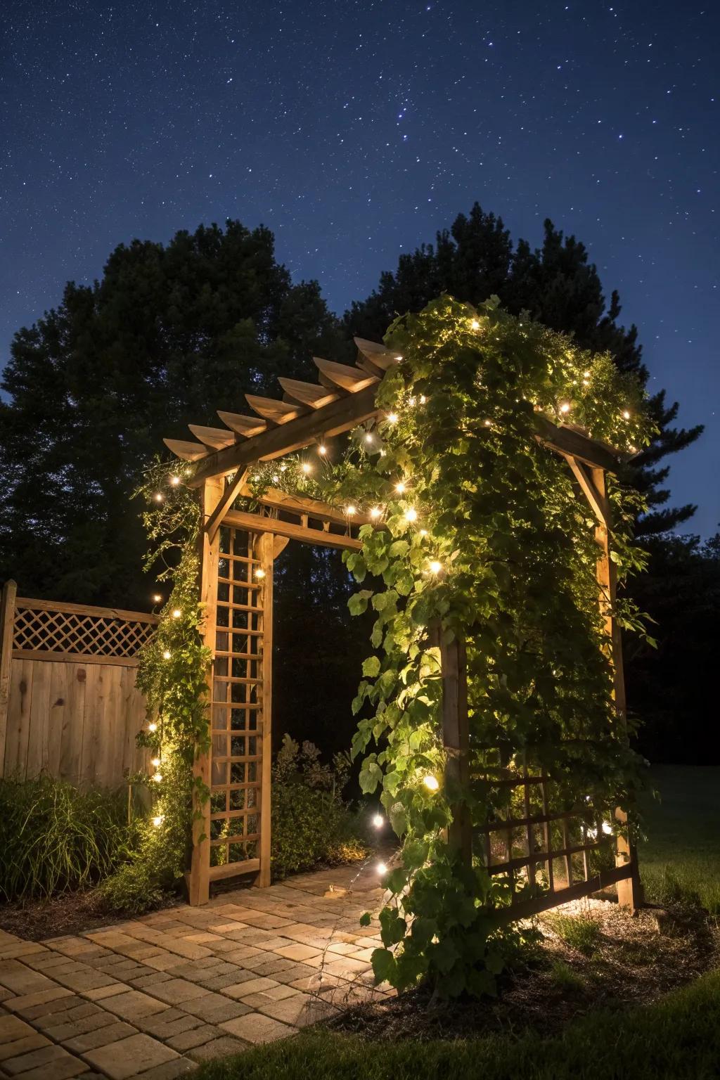 LED lighting transforms a trellis into a nighttime spectacle.
