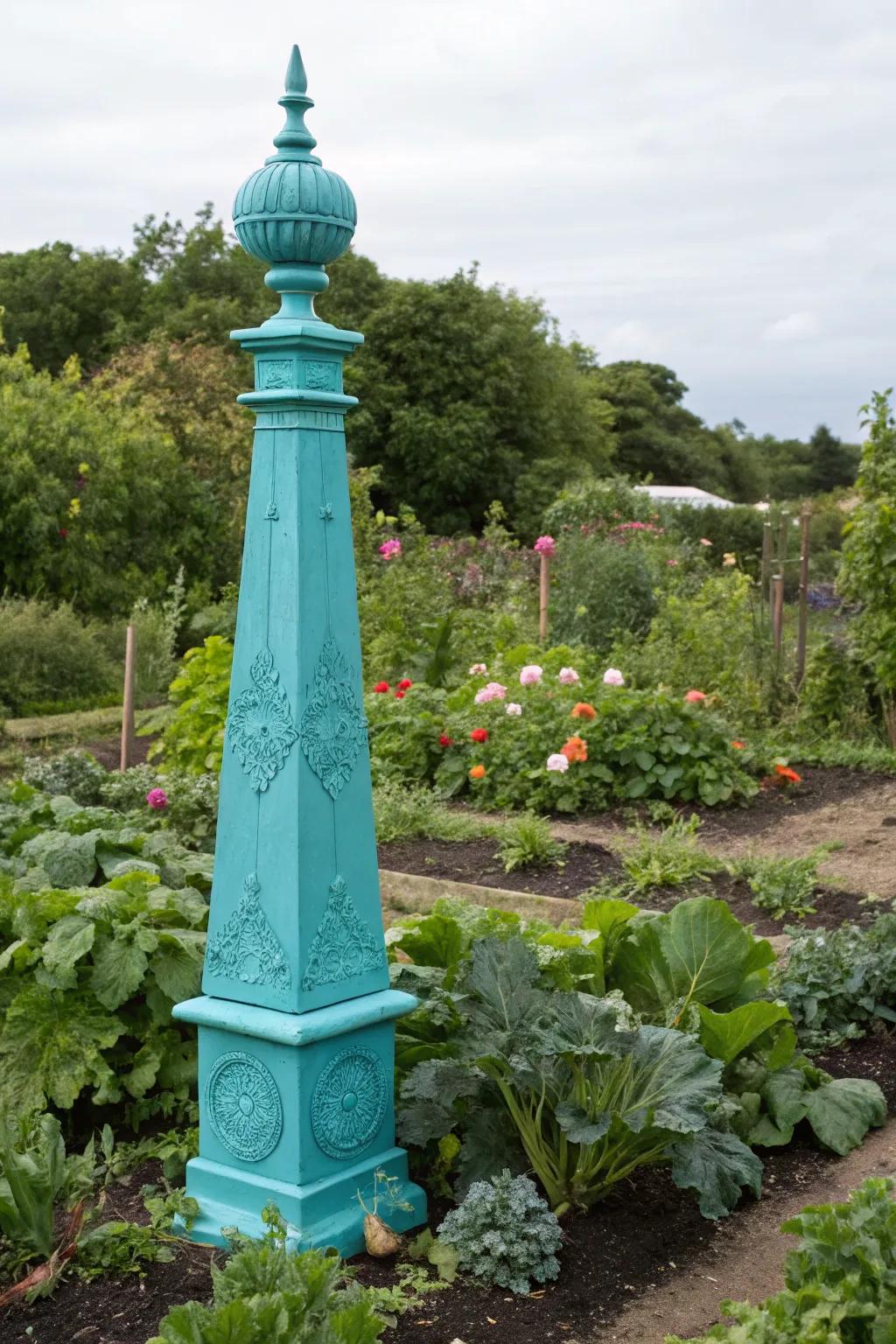 A stunning turquoise obelisk serving as a garden centerpiece.