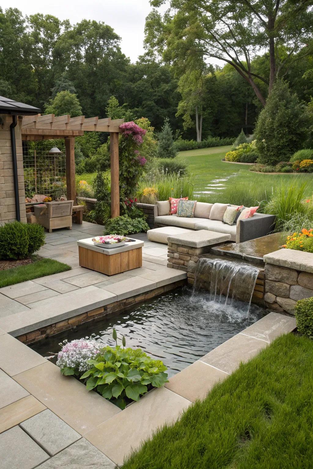 Water feature with built-in seating for ultimate relaxation.