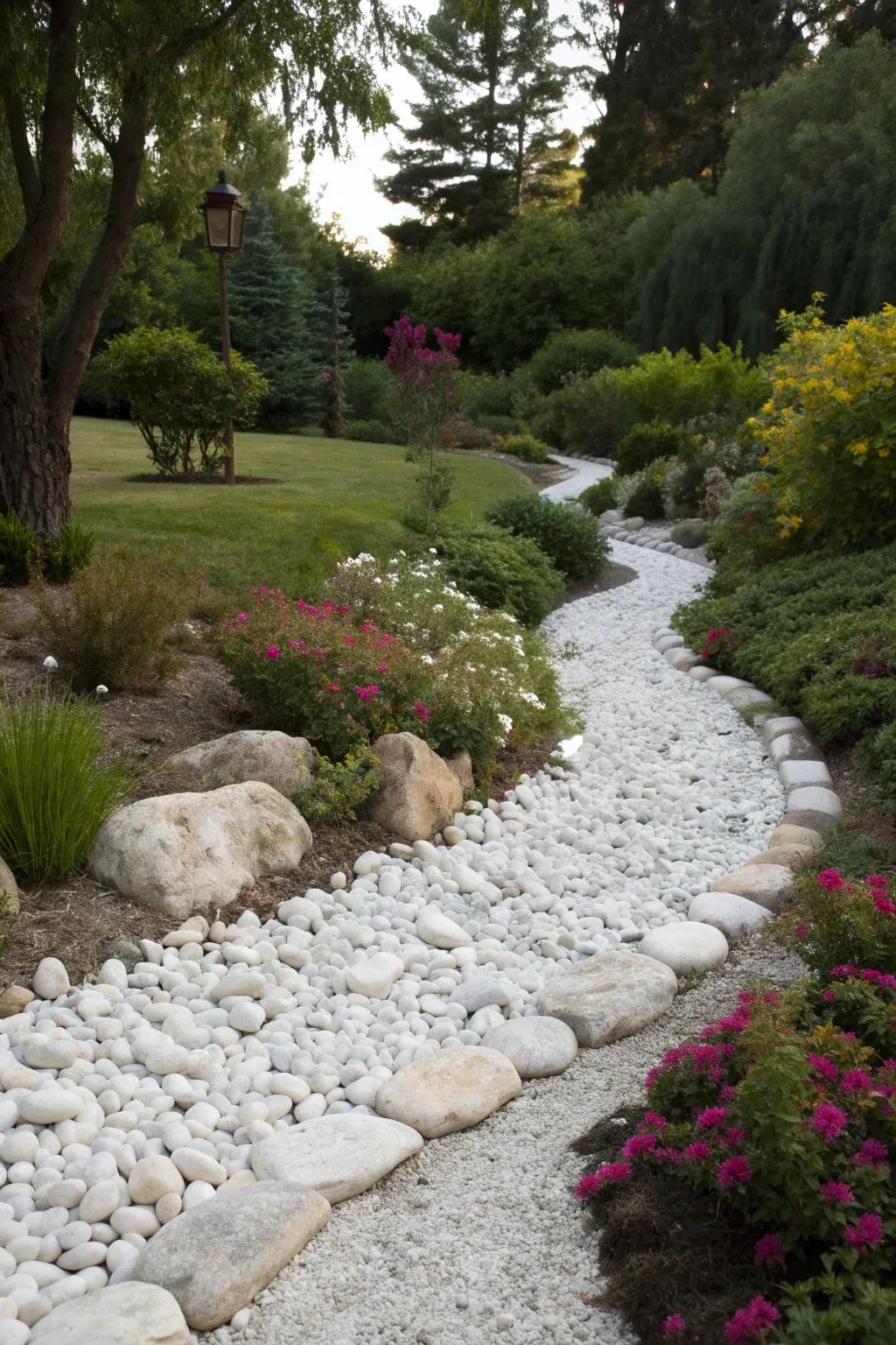 A dry creek bed with white pebbles adds movement and interest.
