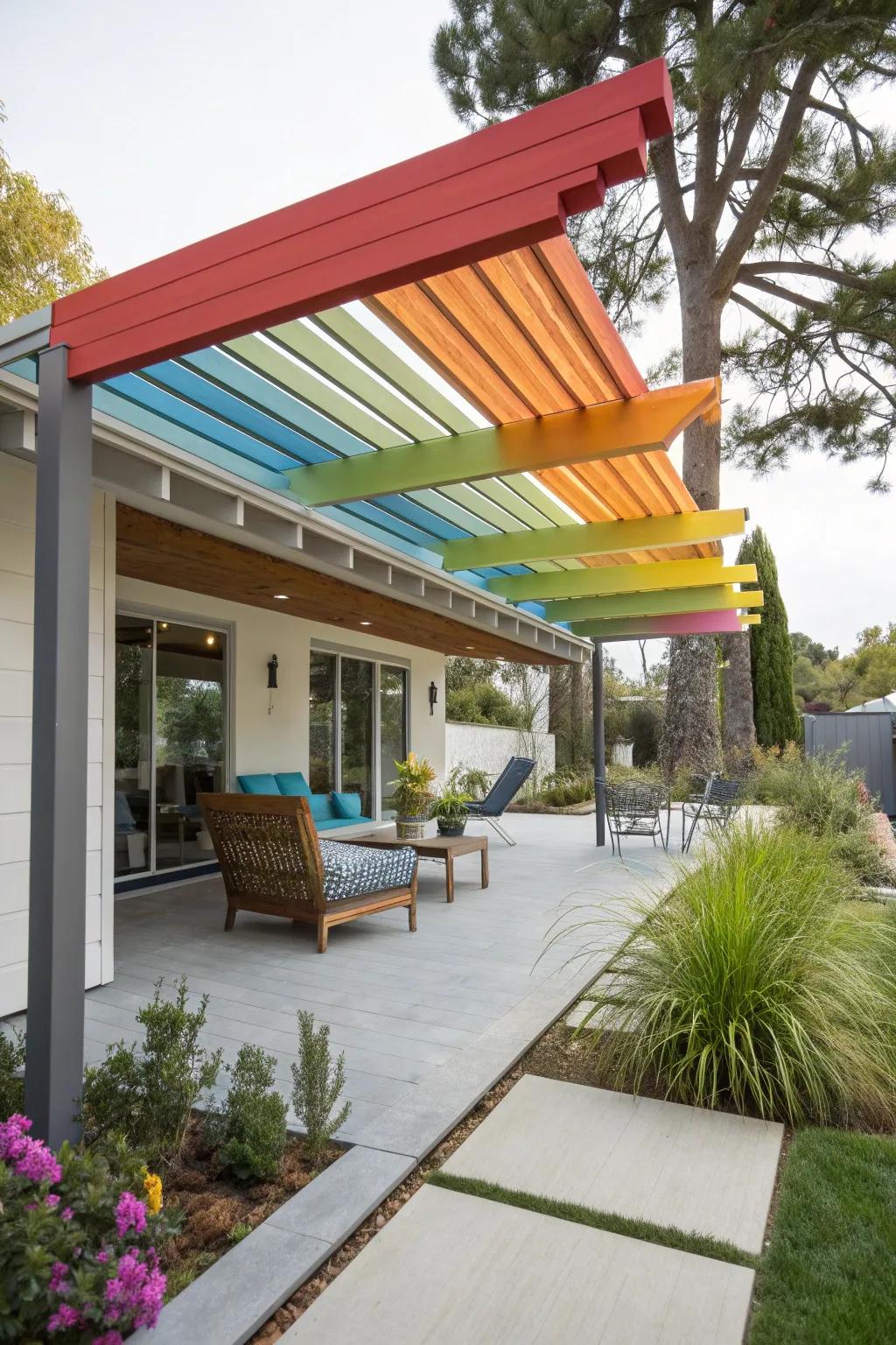 A colorful painted wooden awning, adding personality and charm to the patio.