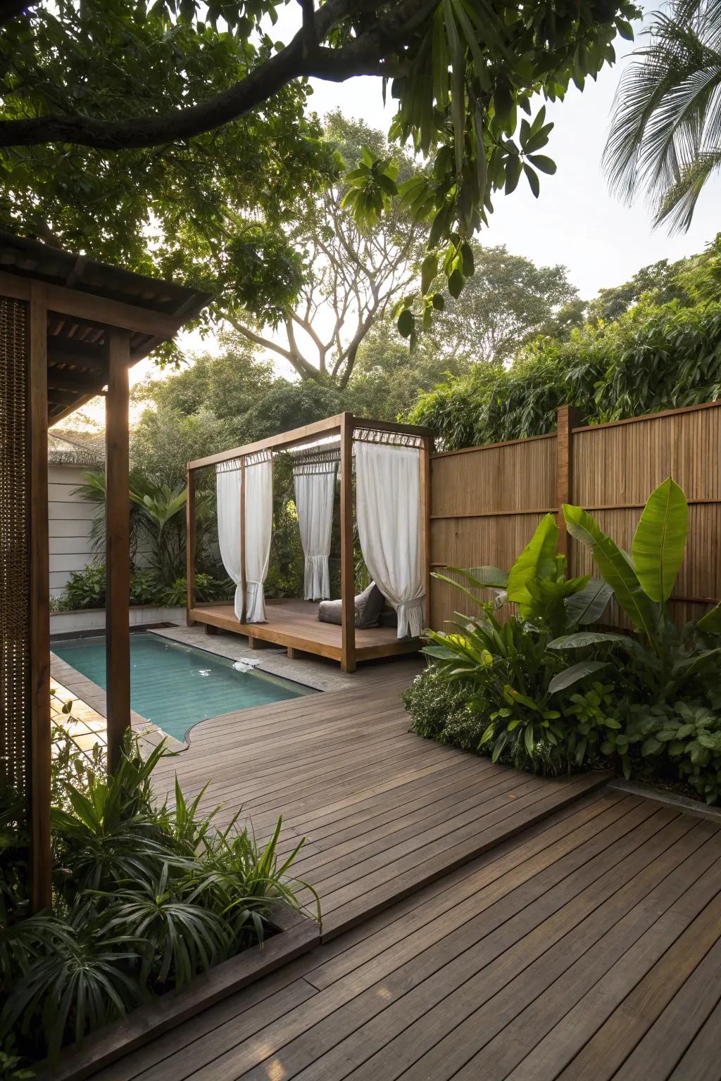 A private pool deck retreat with screens and greenery.