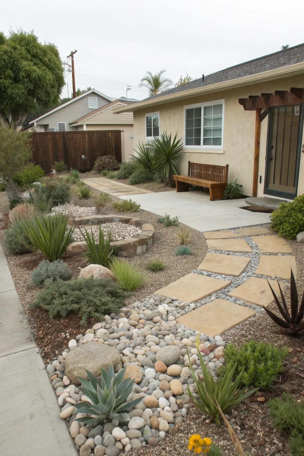 A xeriscape front yard featuring a cozy seating area with gravel and pavers.