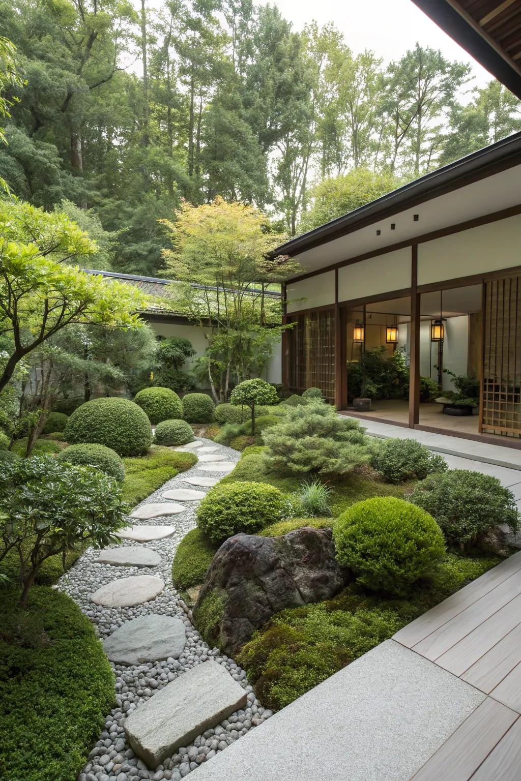 Greenery and shrubs bring life to a Zen garden.