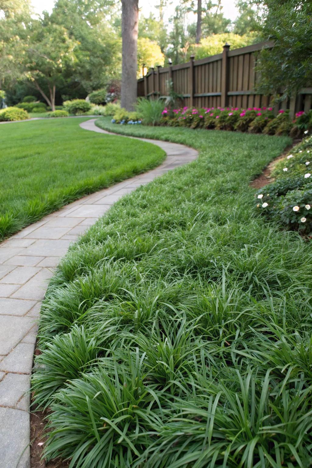 Mondo grass serves as a sustainable and low-maintenance lawn alternative.