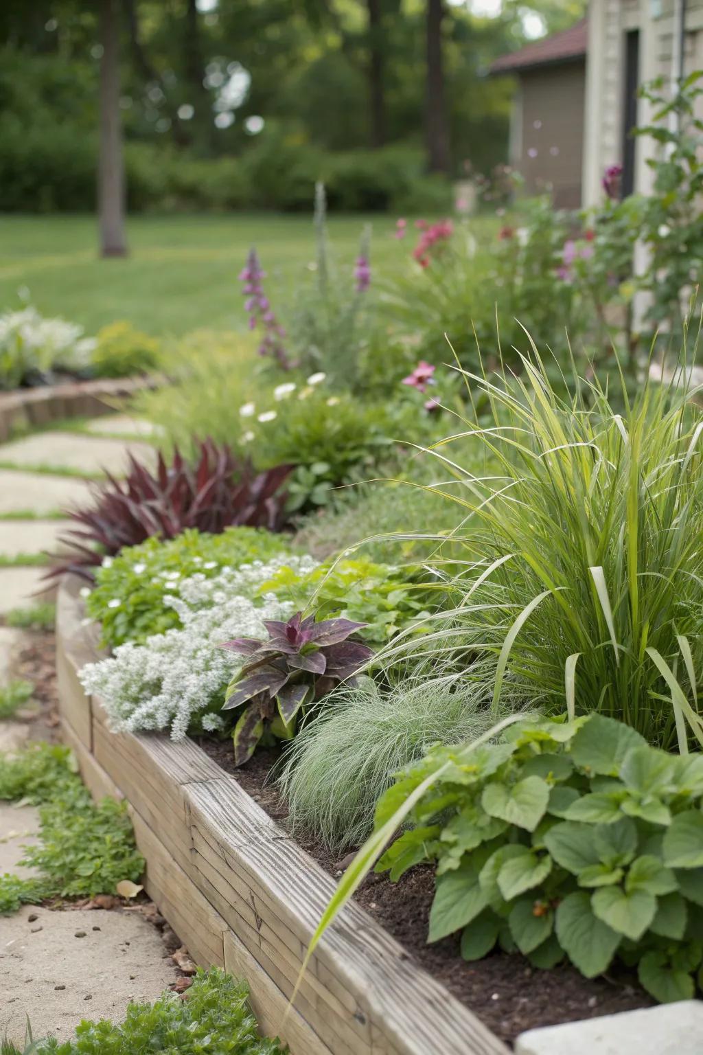 Add texture to garden beds with monkey grass accents.