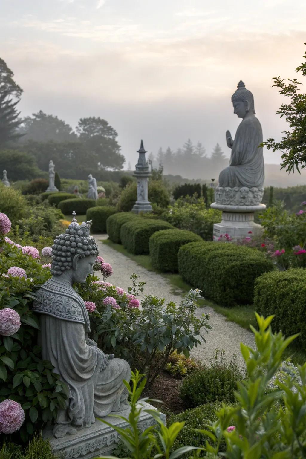 Sculptures that echo the garden's monochromatic elegance.