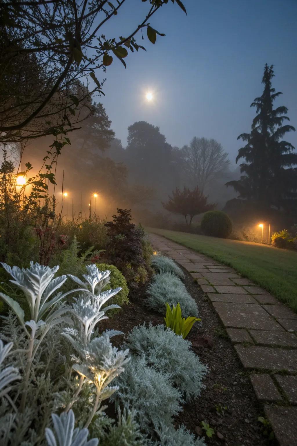 Silver foliage plants adding a mystical glow to the garden.