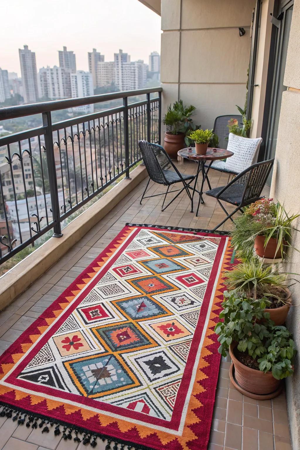 A bold rug anchors the space and adds cozy comfort.
