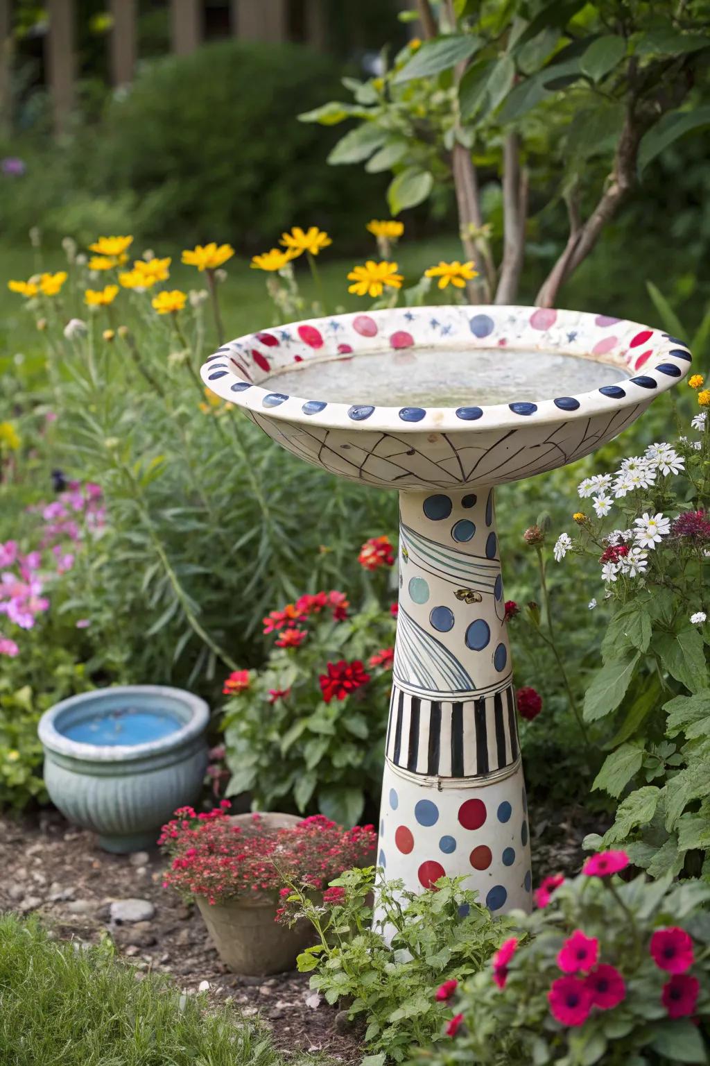 A playful mosaic bird bath, featuring fun patterns that delight garden visitors.