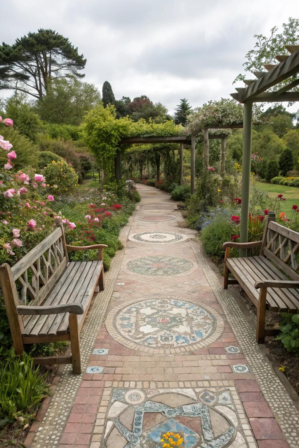 Seating areas make this mosaic path a perfect relaxation spot.