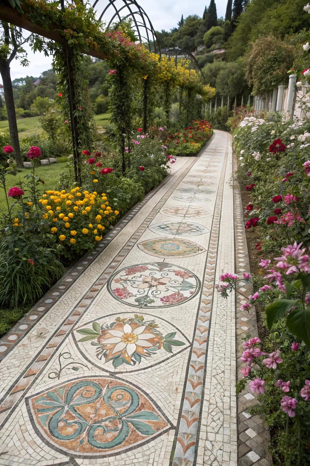 A floral-themed mosaic pathway that harmonizes with the surrounding garden blooms.